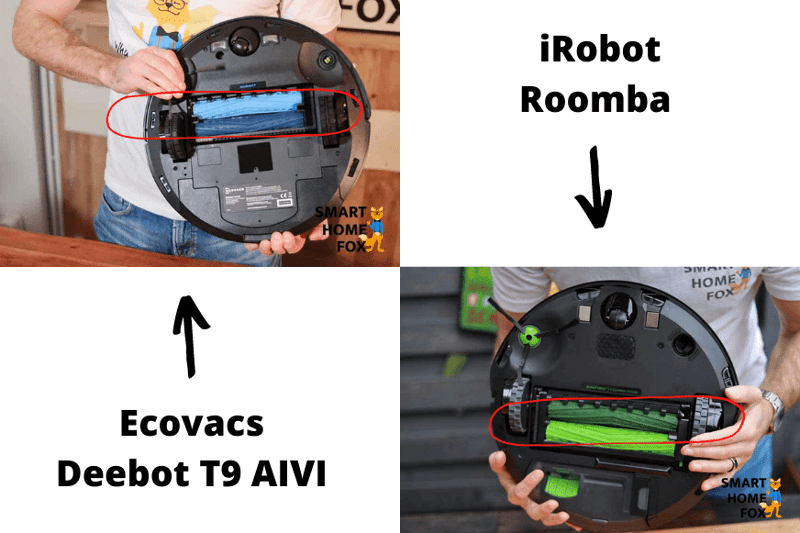 Ein iRobot und der Ecovacs Deebot T9 AIVI Saugroboter sind von unten zu sehen, wobei die patentierten AeroForce Gummibürsten im Fokus stehen